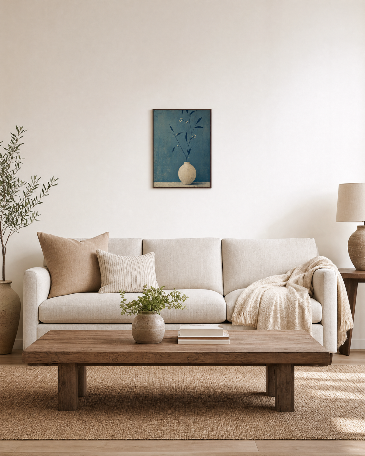 Cream Vessel with Navy Leaves navy leaves in cream vessel wall art print: unframed print is shown framed for styling in a living room; frame not included