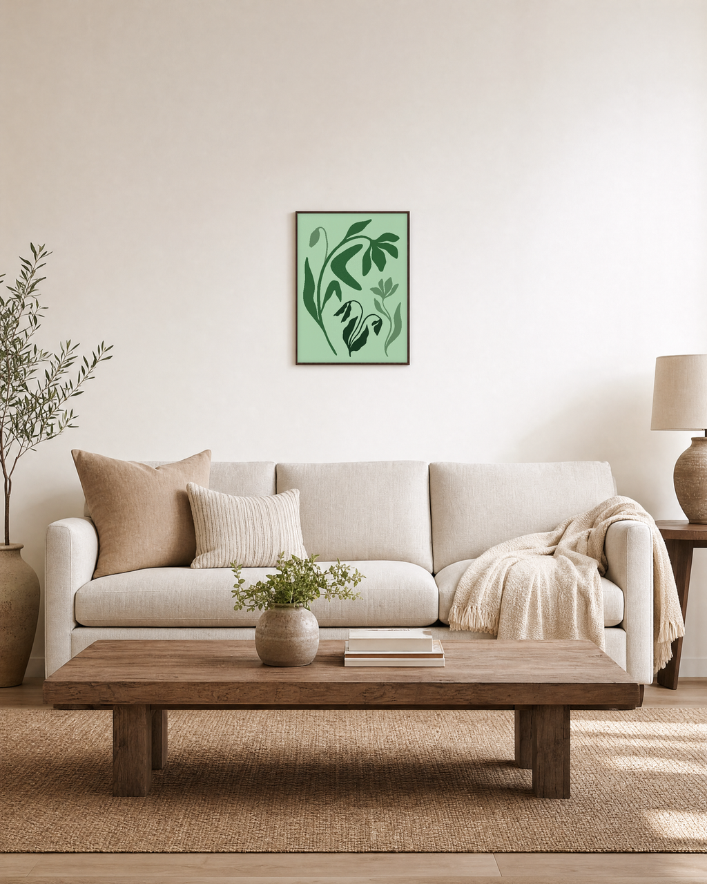 Drooping Green Flower Stems green wildflower wall art print: unframed print is shown framed for styling in a living room; frame not included