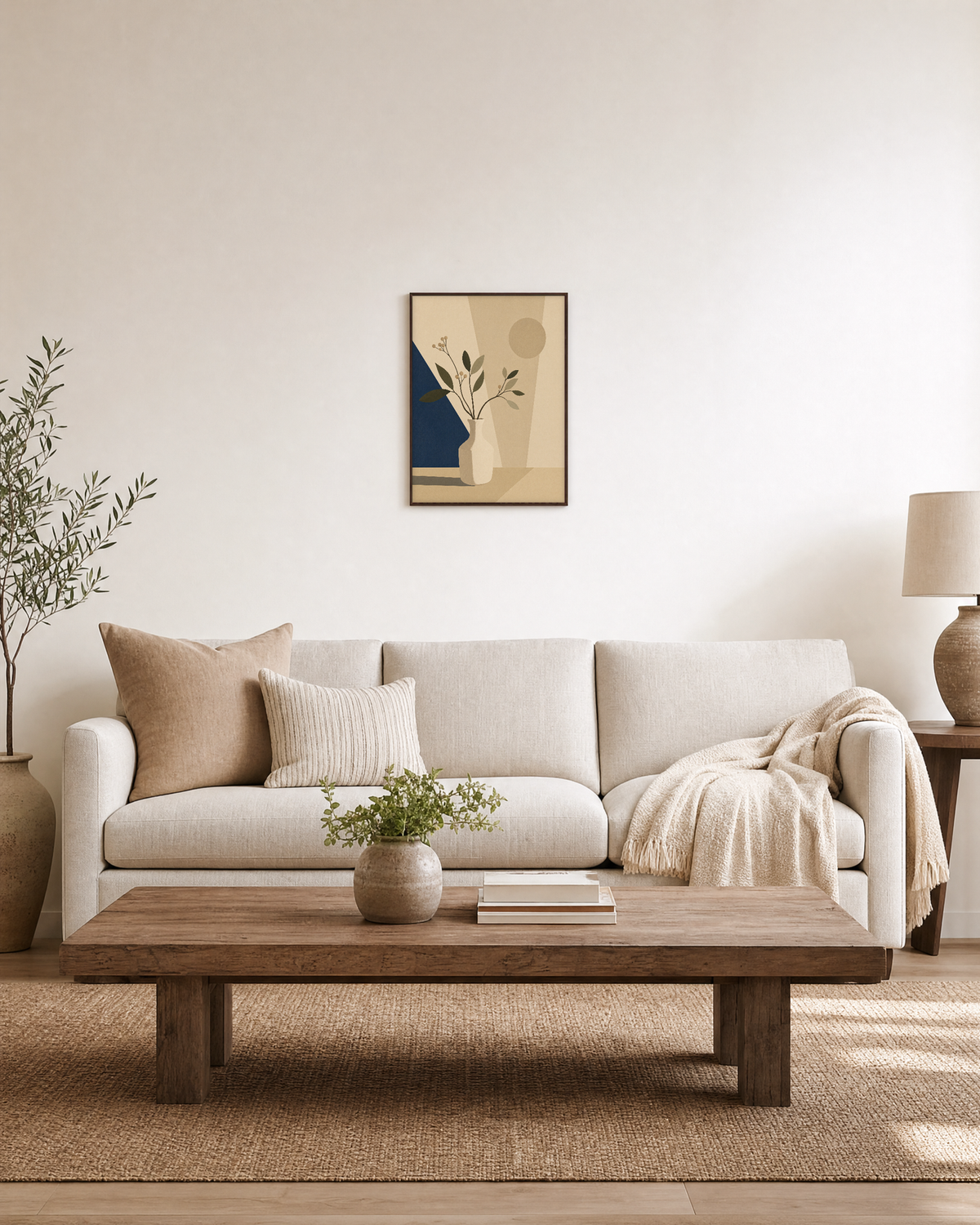 Shadow Wedge navy plane vase wall art: unframed print is shown framed for styling in a living room; frame not included