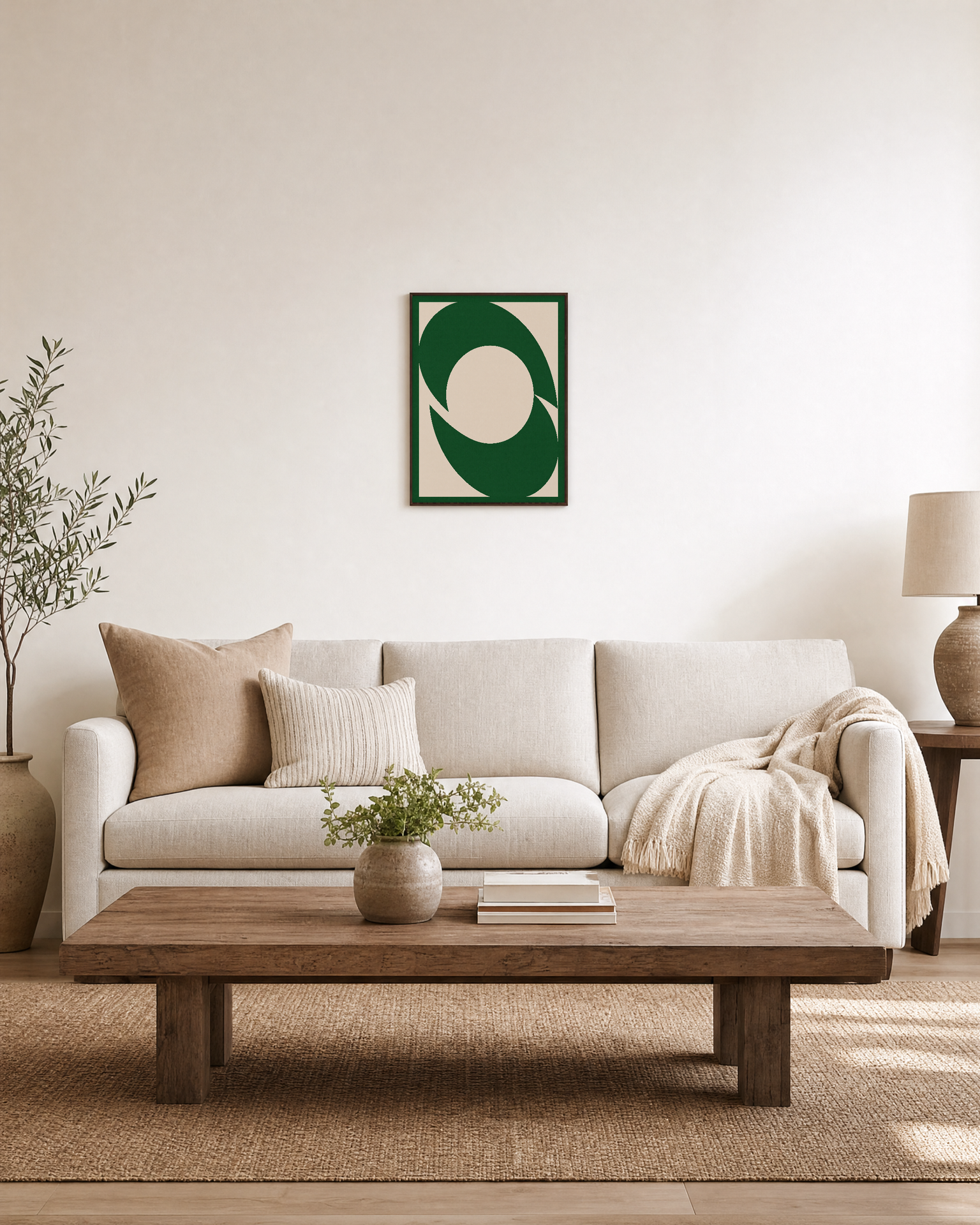 Two Green Arcs One Disk unframed print is shown framed for styling in a living room; frame not included