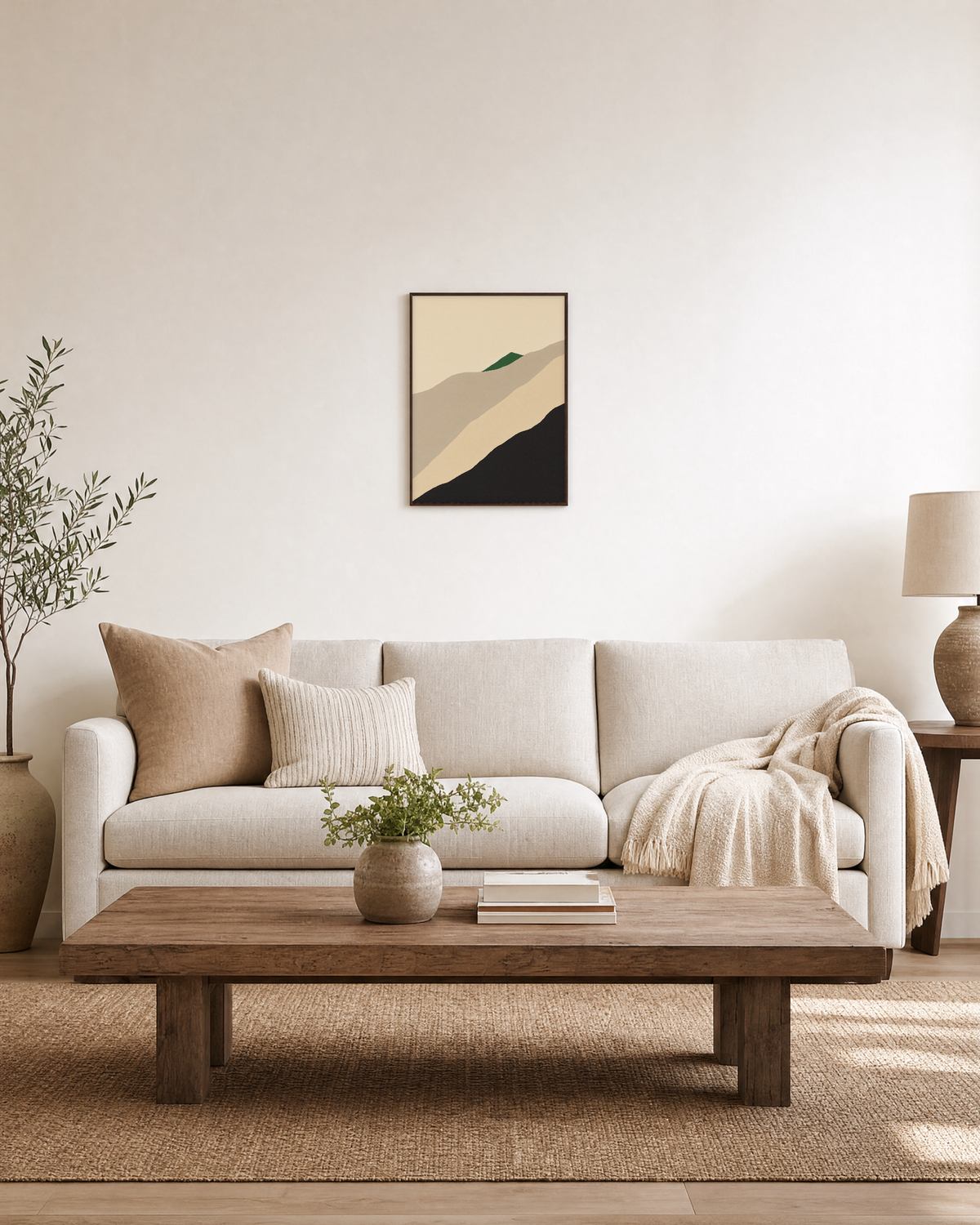 Stacked Neutral Landscape Ridges green geometric wall art: unframed print is shown framed for styling in a living room; frame not included