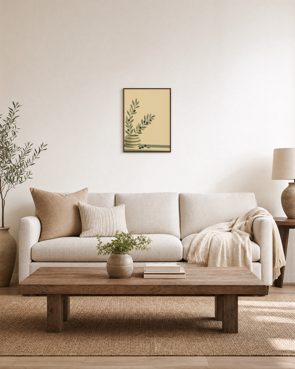 Low Urn Two Bays unframed print is shown framed for styling in a living room; frame not included