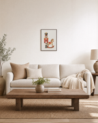 Toy Guard rocking horse print: unframed print is shown framed for styling in a living room; frame not included