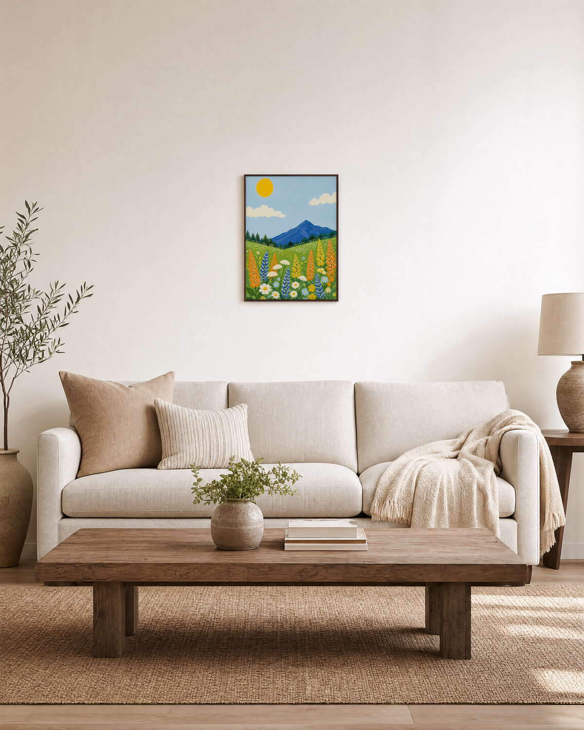 Meadow Morning wildflower wall art: unframed print is shown framed for styling in a living room; frame not included