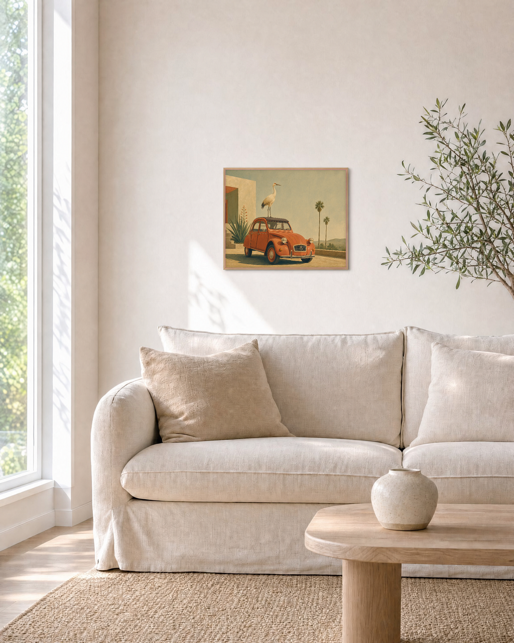Crane on Terracotta 2CV unframed print is shown framed for styling in a living room; frame not included