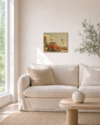 Crane on Terracotta 2CV unframed print is shown framed for styling in a living room; frame not included