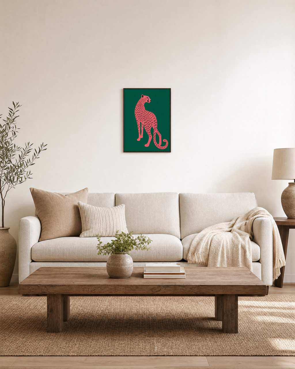 Afternoon Cheetah cheetah wall art: unframed print is shown framed for styling in a living room; frame not included