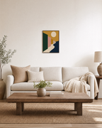 Late Sun mustard geometric landscape wall art: unframed print is shown framed for styling in a living room; frame not included