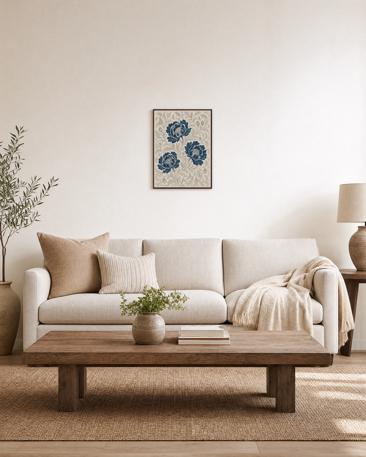 Peony Lattice indigo peony wall art: unframed print is shown framed for styling in a living room; frame not included