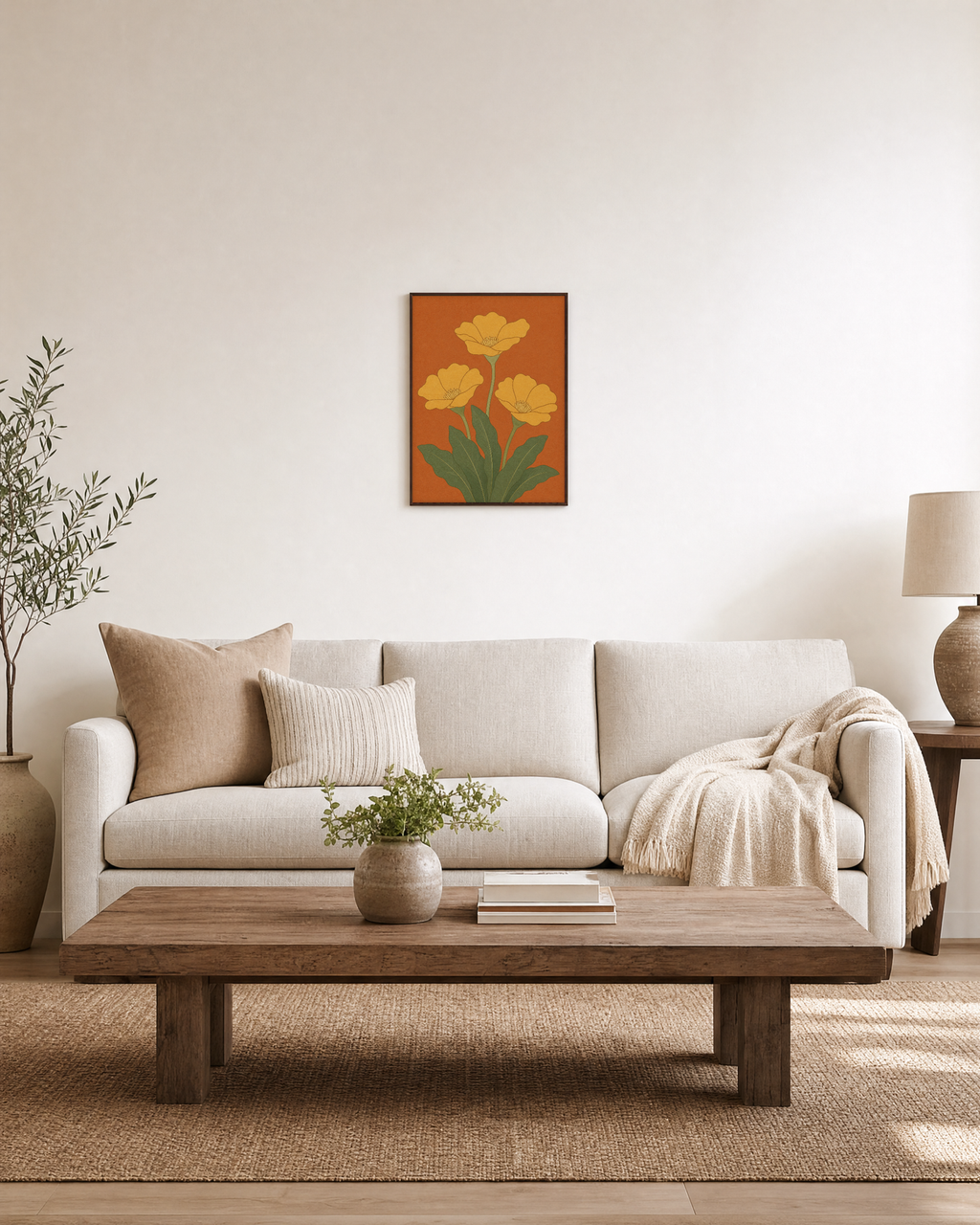 Morning Blooms yellow flower wall art: unframed print is shown framed for styling in a living room; frame not included