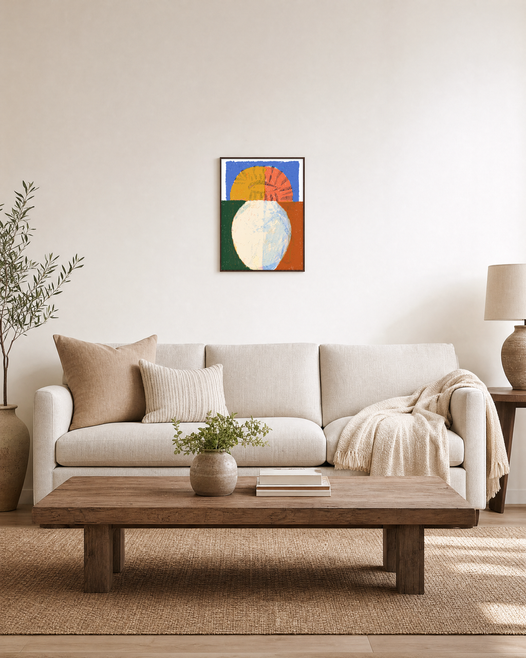 Split Horizon unframed print is shown framed for styling in a living room; frame not included