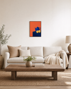 Cobalt Teapot Two Apples unframed print is shown framed for styling in a living room; frame not included