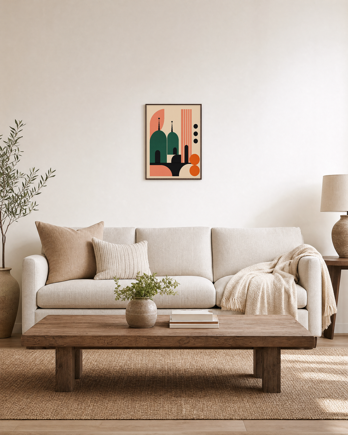 Signal Tower green dome coral tower wall art: unframed print is shown framed for styling in a living room; frame not included