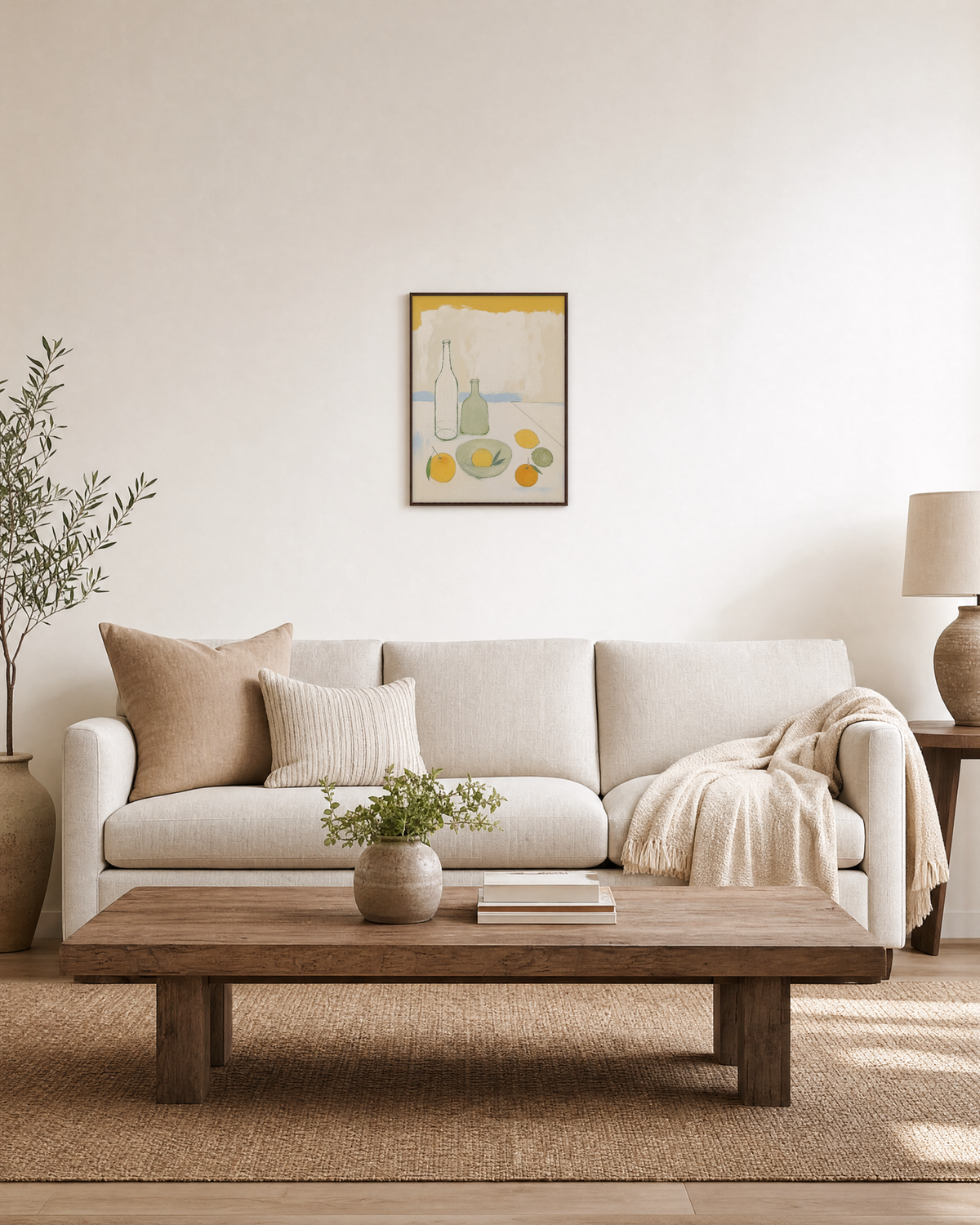 Morning Bottles citrus bottle still life wall art: unframed print is shown framed for styling in a living room; frame not included