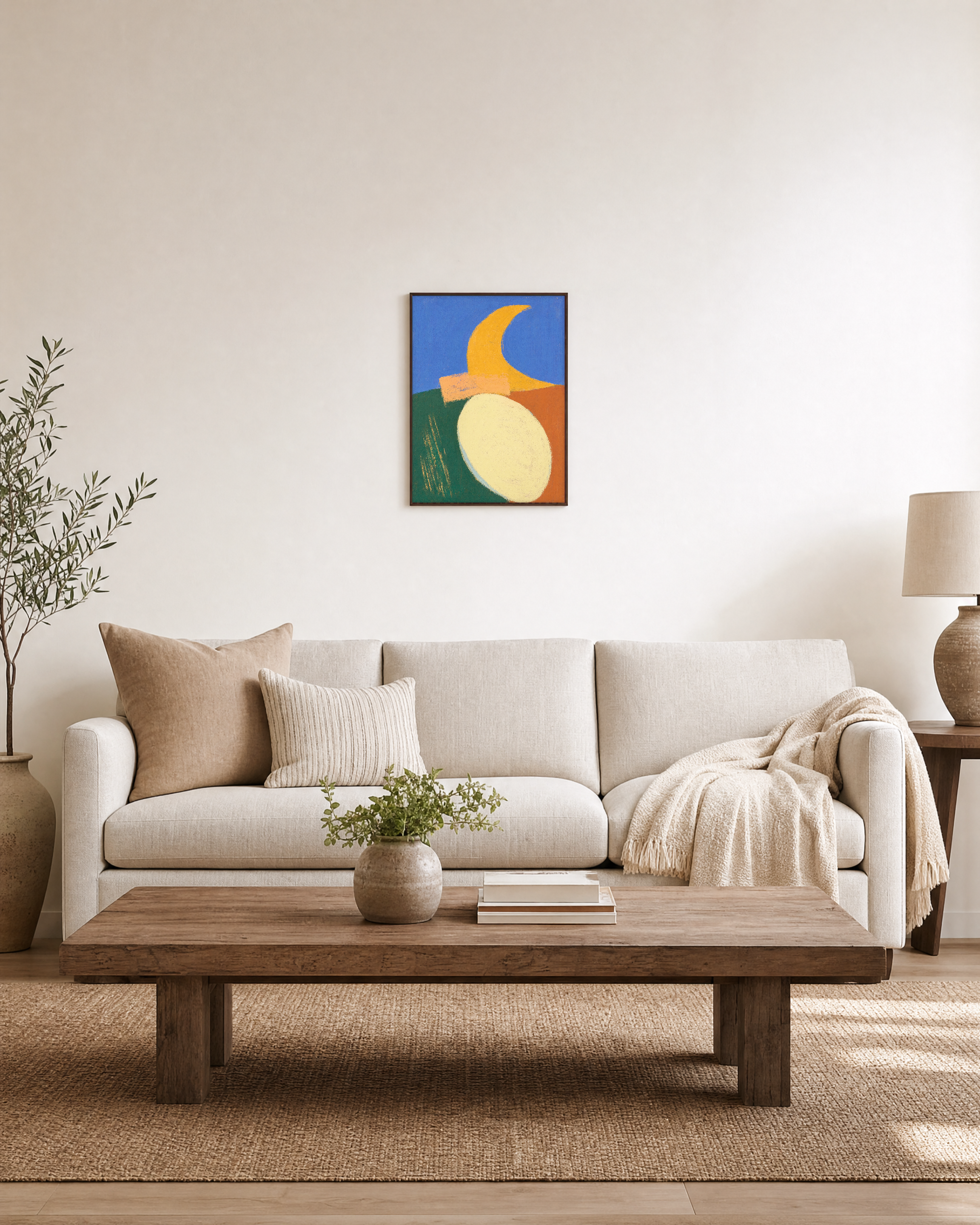 Split Horizon unframed print is shown framed for styling in a living room; frame not included