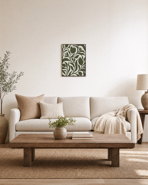 Bud Hour olive tulip silhouette wall art: unframed print is shown framed for styling in a living room; frame not included
