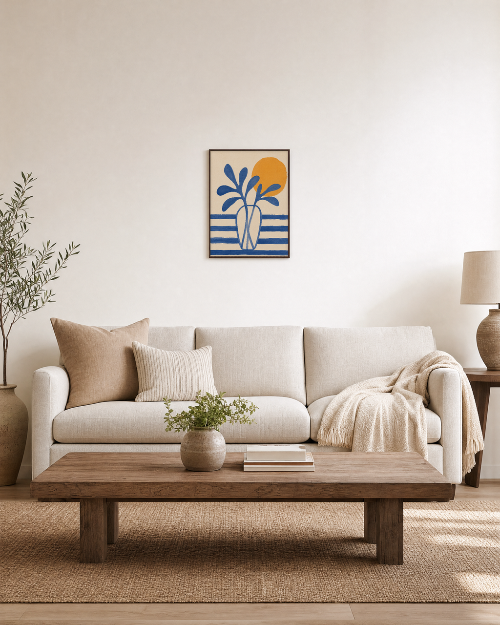 Leaf Vase blue leaf vase wall art: unframed print is shown framed for styling in a living room; frame not included