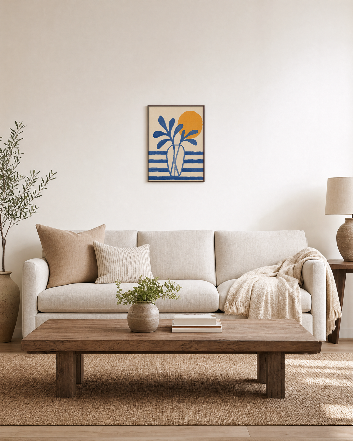 Leaf Vase blue leaf vase wall art: unframed print is shown framed for styling in a living room; frame not included