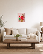 Teatime Hedgehogs hedgehog teapot print: unframed print is shown framed for styling in a living room; frame not included