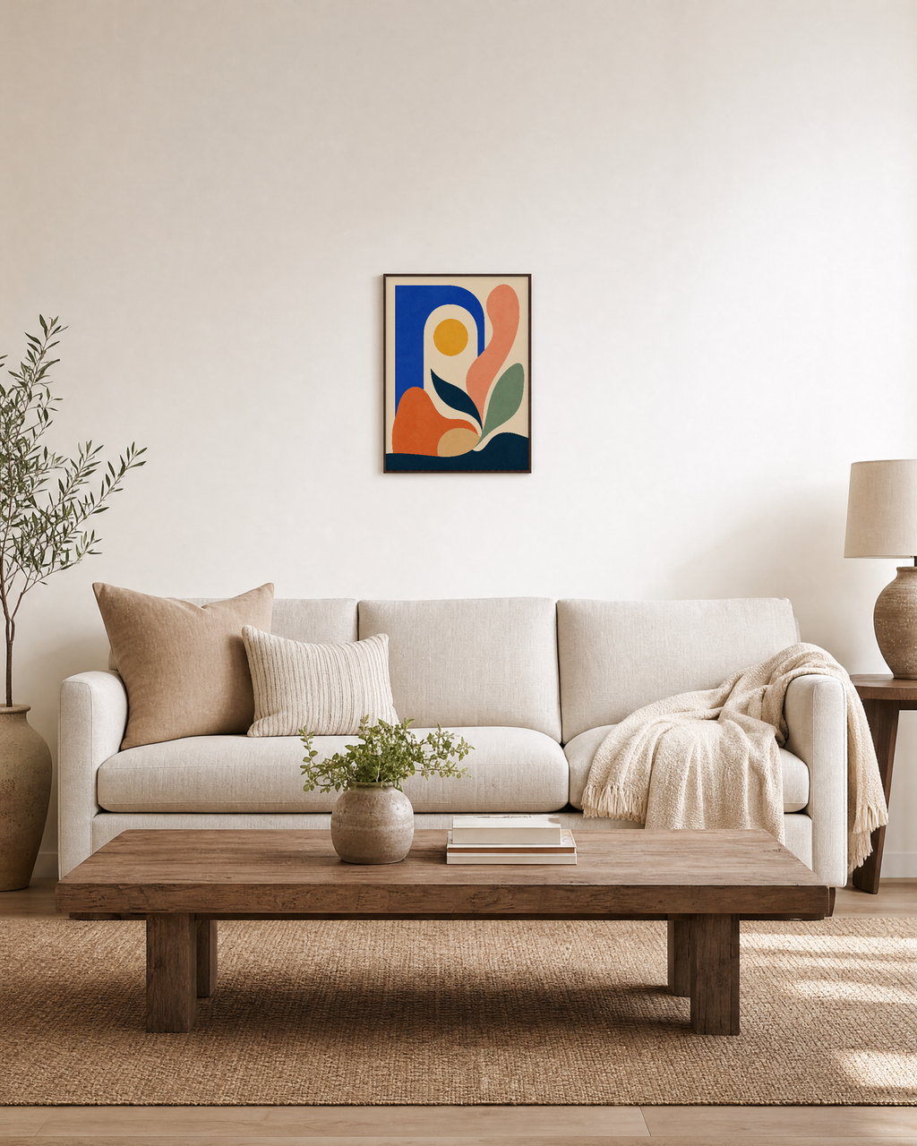 Sunleaf Arch leaf prints wall art: unframed print is shown framed for styling in a living room; frame not included
