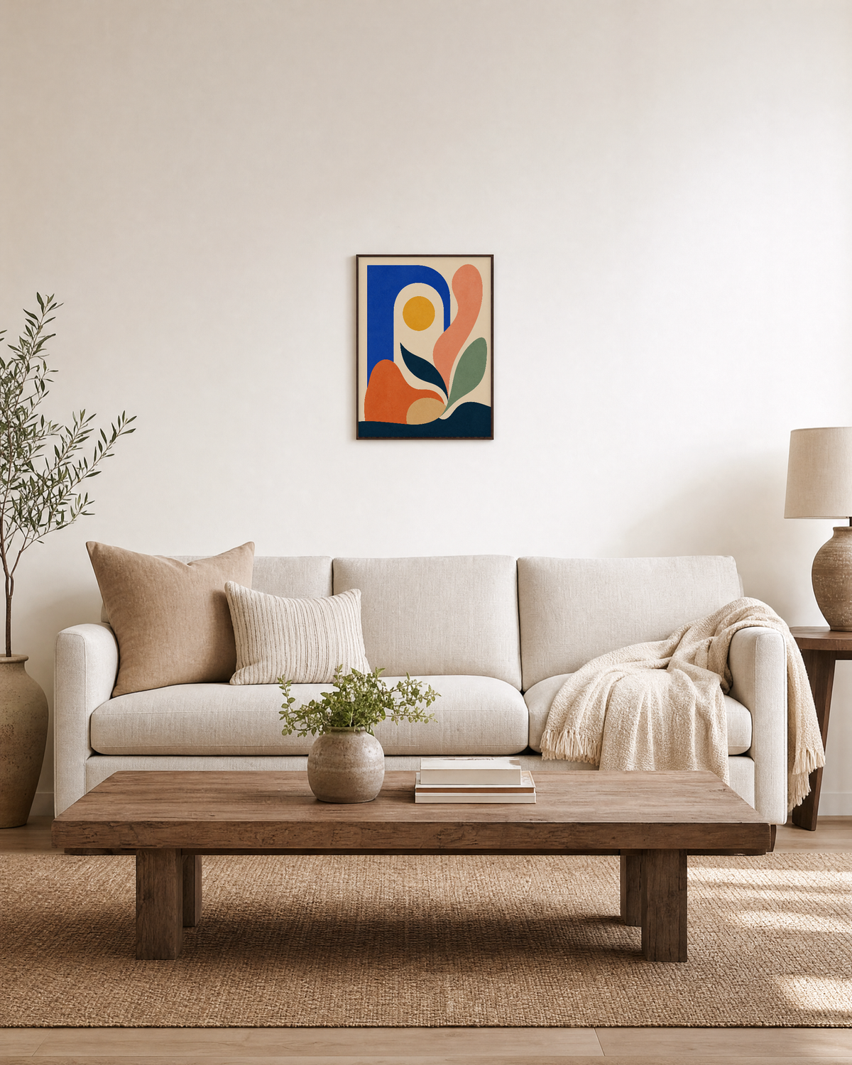 Sunleaf Arch leaf prints wall art: unframed print is shown framed for styling in a living room; frame not included