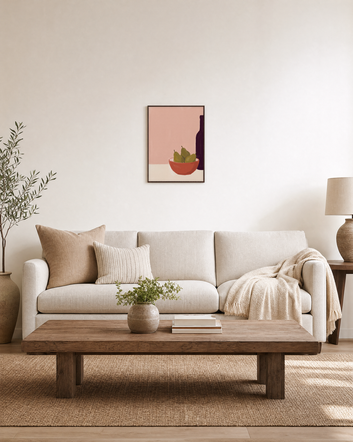 Pears Beside Plum Bottle pear still life wall art print: unframed print is shown framed for styling in a living room; frame not included
