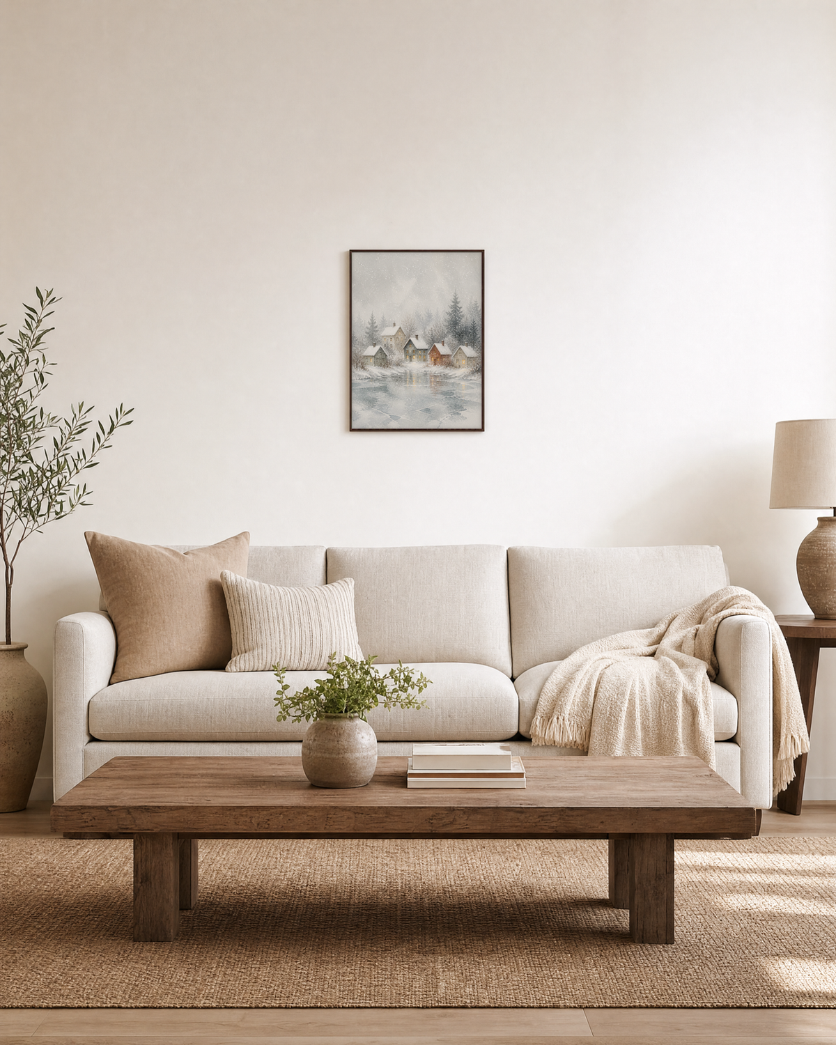 Snow Village mist village print: unframed print is shown framed for styling in a living room; frame not included