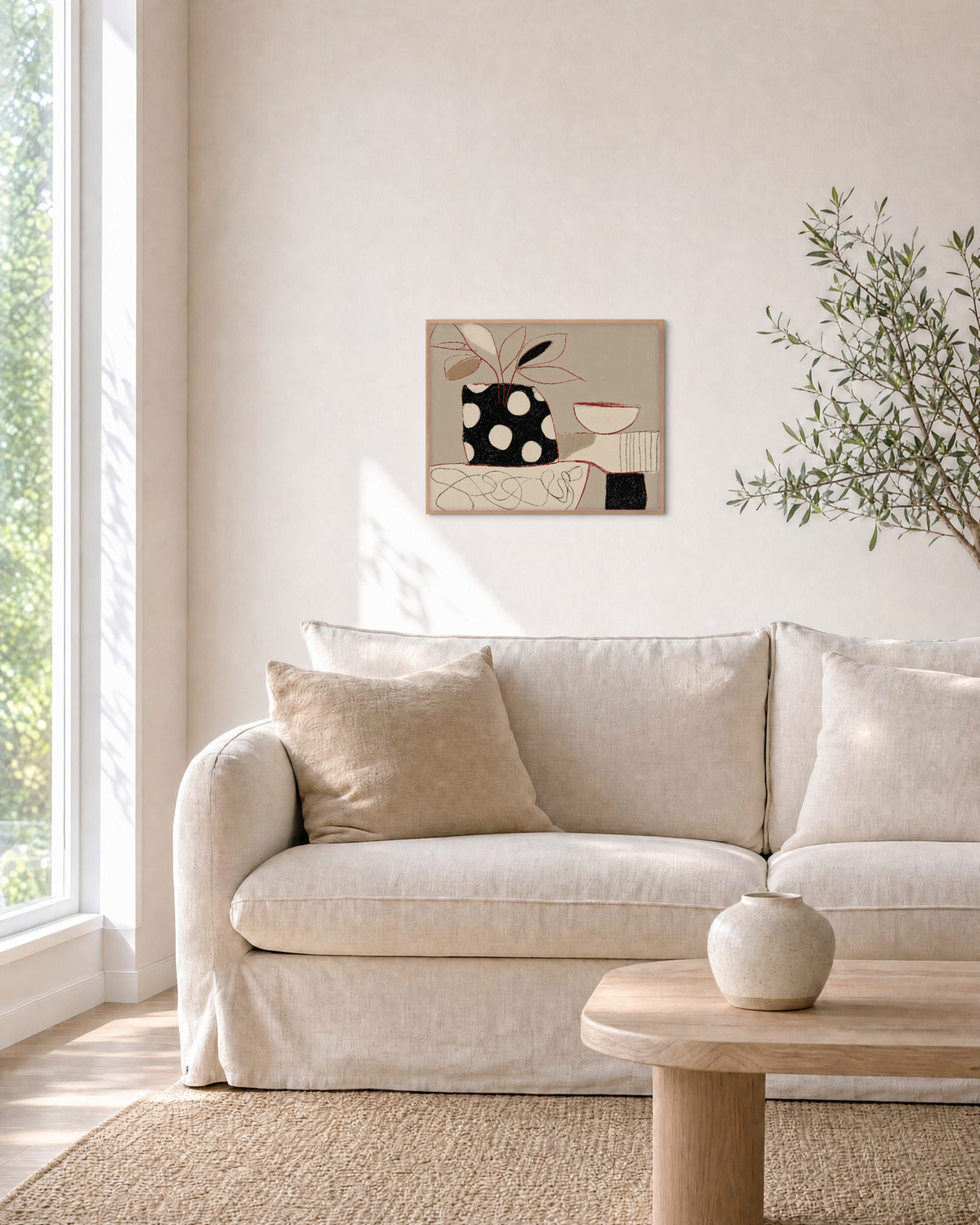 Dotted Cushions on a Handcart dotted handcart figure wall art print: unframed print is shown framed for styling in a living room; frame not included