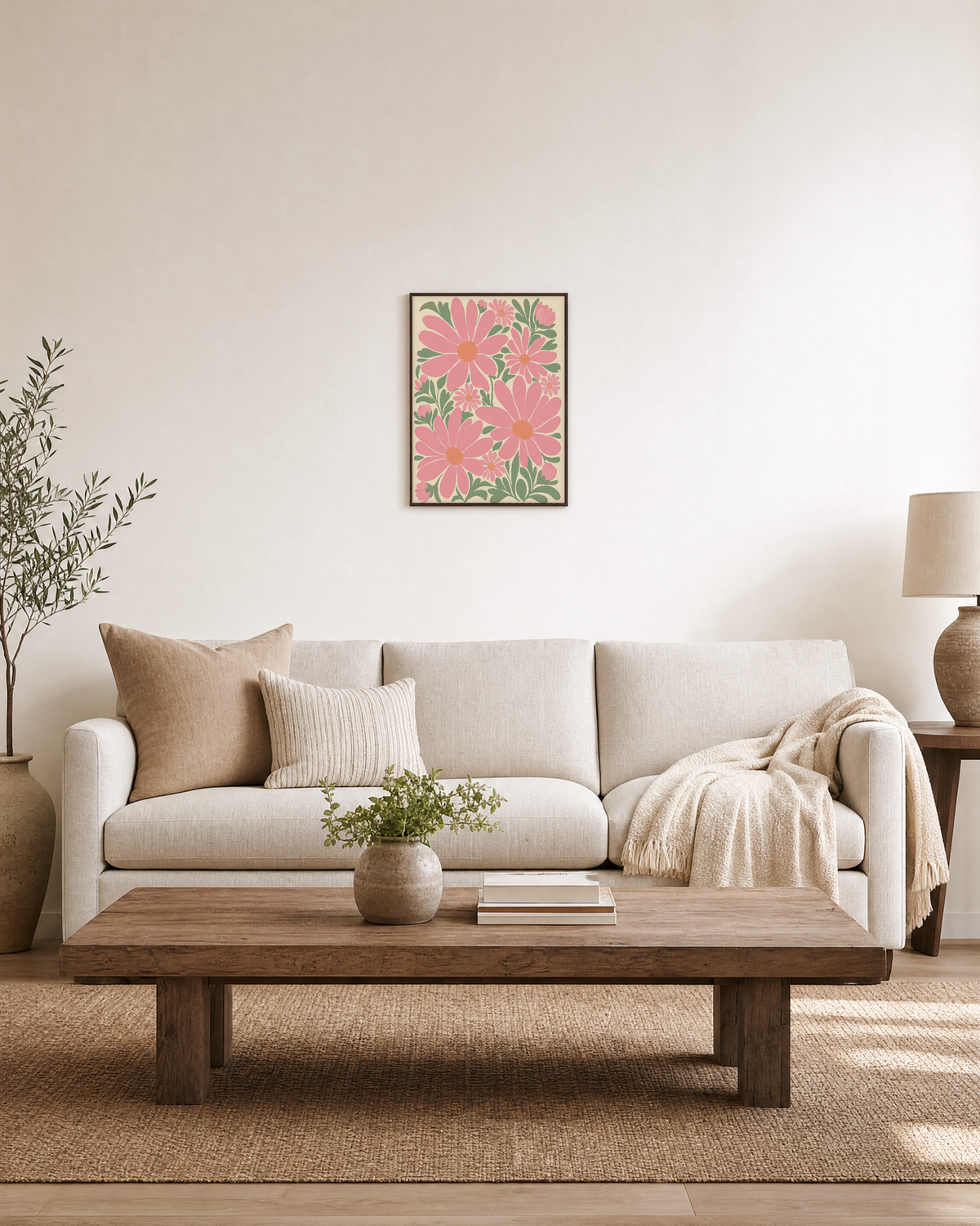 Garden Trio pink daisy wall art: unframed print is shown framed for styling in a living room; frame not included