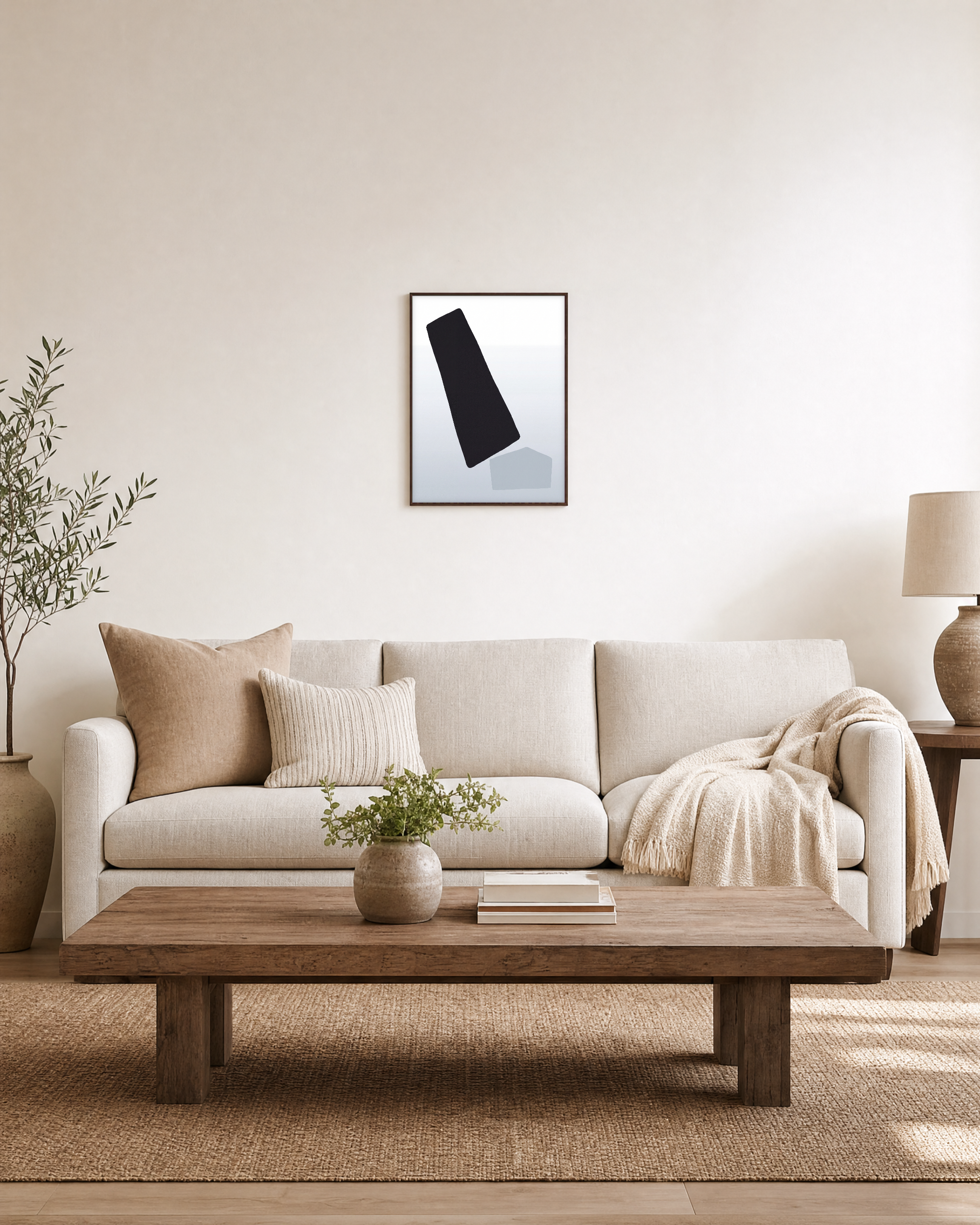 Pure Form unframed print is shown framed for styling in a living room; frame not included