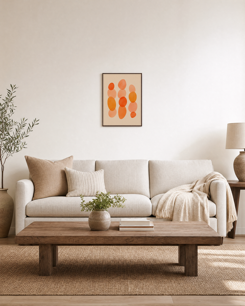 Afternoon Stack warm oval stack wall art: unframed print is shown framed for styling in a living room; frame not included