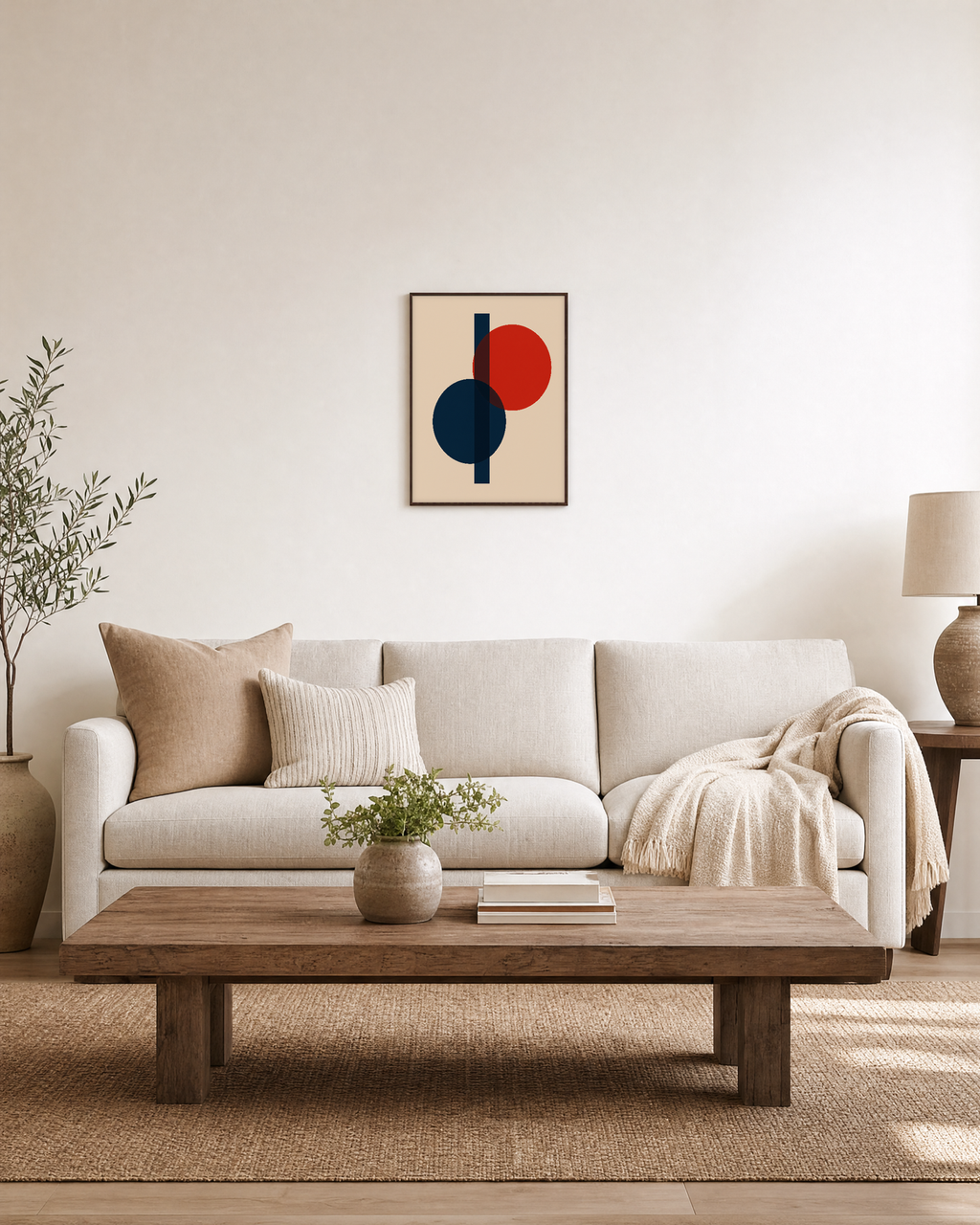 Two Circles One Rectangle Stack unframed print is shown framed for styling in a living room; frame not included