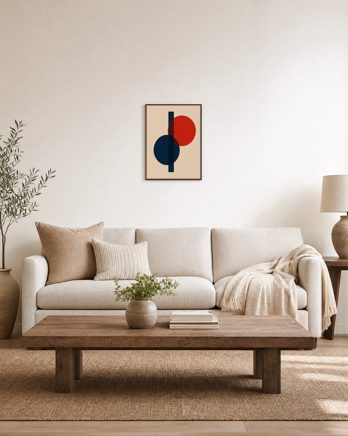 Two Circles One Rectangle Stack unframed print is shown framed for styling in a living room; frame not included