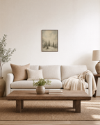 Snow Pines misty pine print: unframed print is shown framed for styling in a living room; frame not included