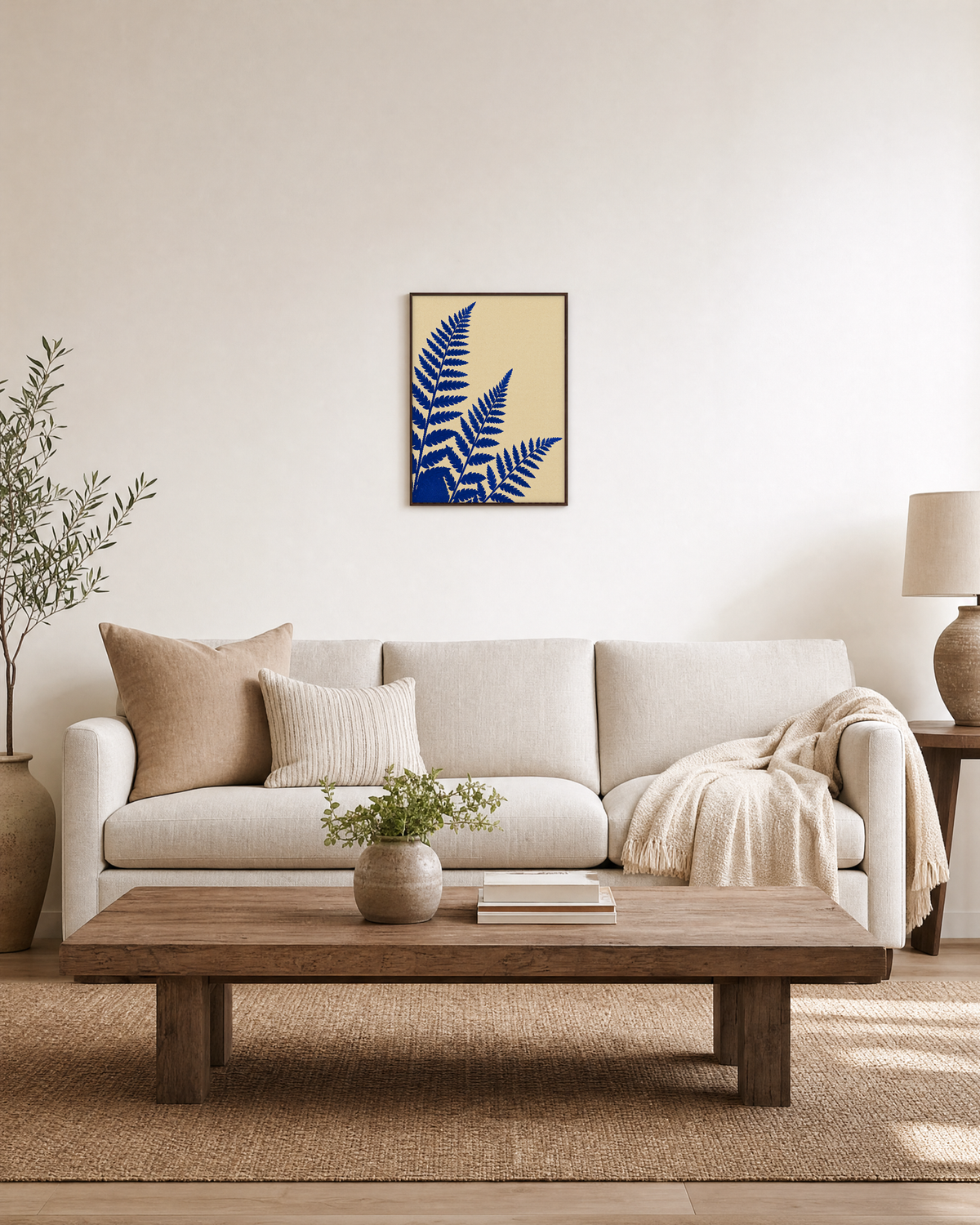 Three Fern Cuts Cobalt unframed print is shown framed for styling in a living room; frame not included