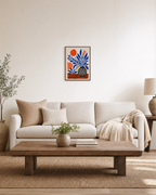 Afternoon Vase botanical plant prints: unframed print is shown framed for styling in a living room; frame not included