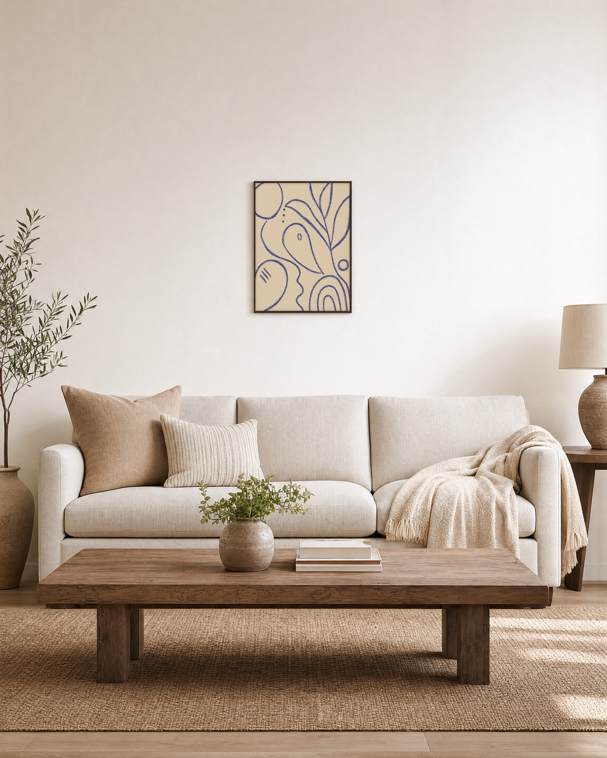 Single Eye and Blue Contour blue profile line drawing wall art print: unframed print is shown framed for styling in a living room; frame not included