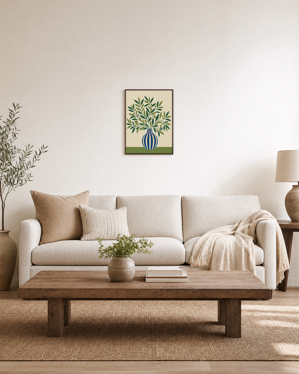 Olive Morning blue vase wall art: unframed print is shown framed for styling in a living room; frame not included
