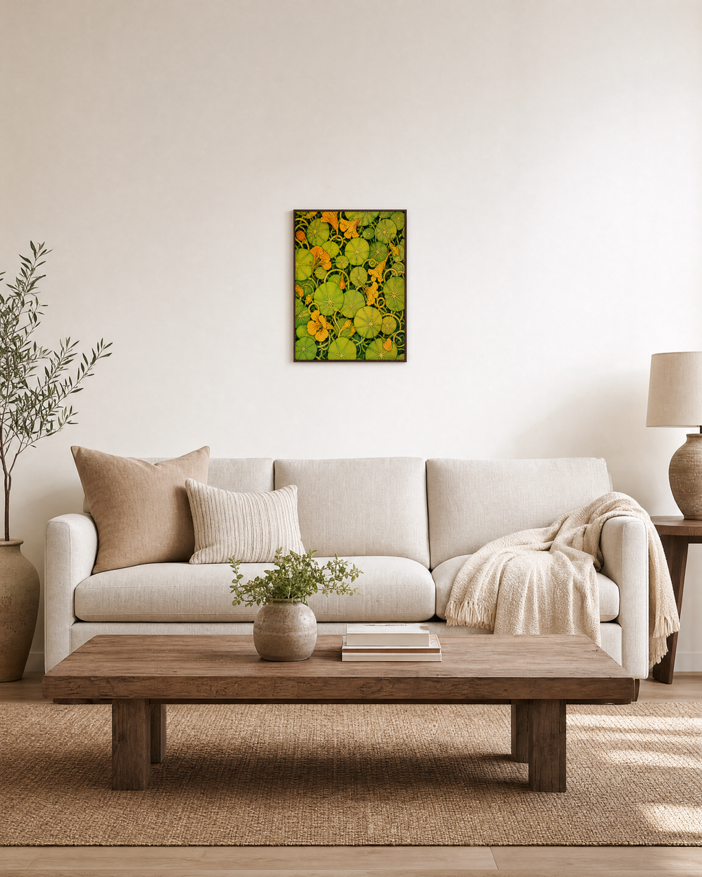 Nasturtium Hour green nasturtium pad wall art: unframed print is shown framed for styling in a living room; frame not included