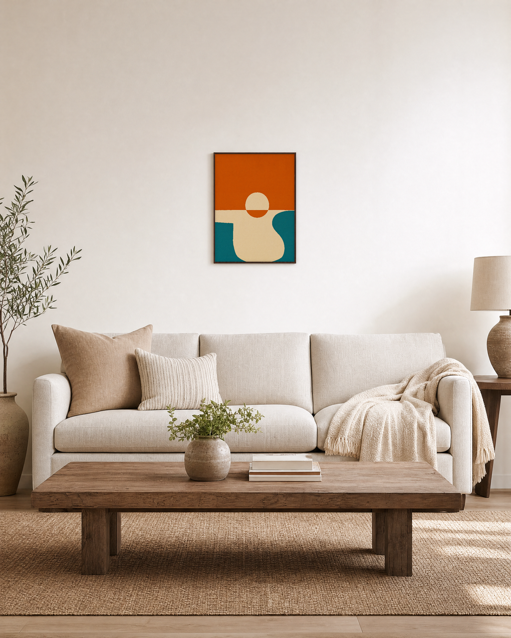 Central Circle and Orange Ground circle and line composition wall art print: unframed print is shown framed for styling in a living room; frame not included