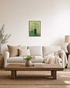 Moon Pagoda japanese art prints: unframed print is shown framed for styling in a living room; frame not included