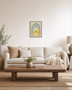 Bloom Cottage cottage wall art: unframed print is shown framed for styling in a living room; frame not included