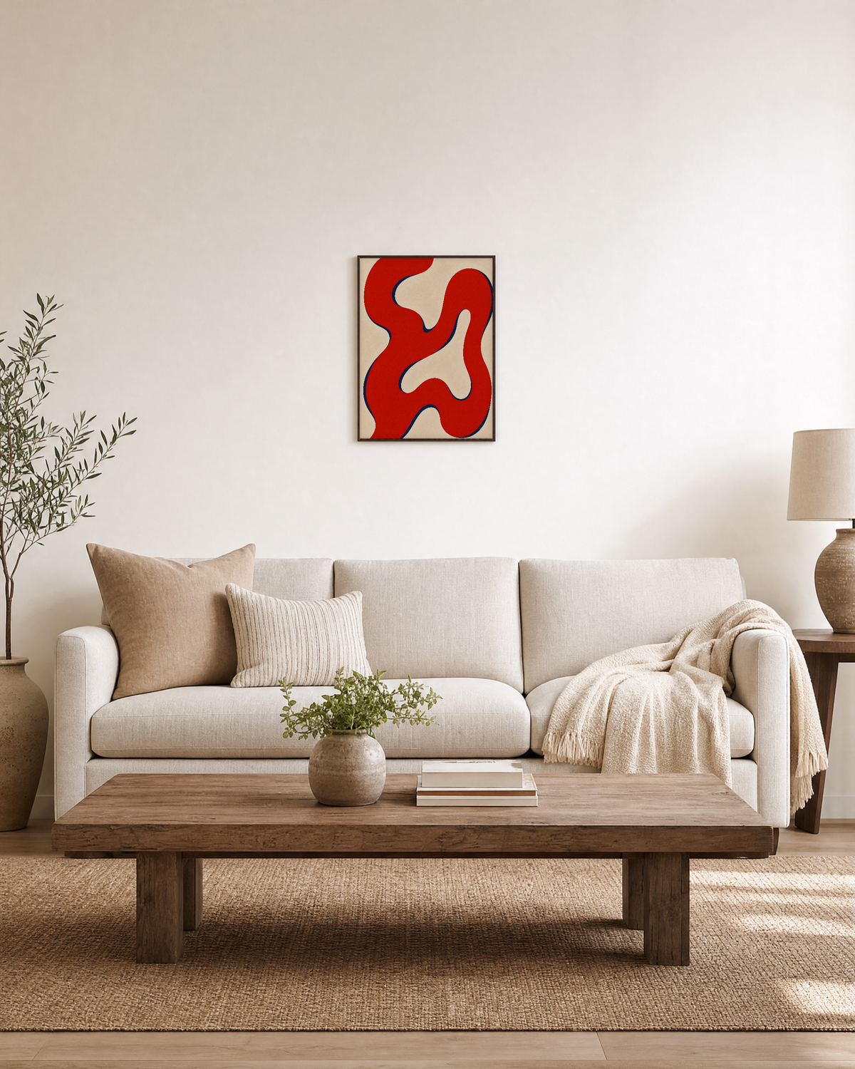 Ribbon Detour red ribbon path wall art: unframed print is shown framed for styling in a living room; frame not included