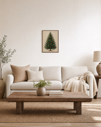 Holiday Fir ornament fir print: unframed print is shown framed for styling in a living room; frame not included