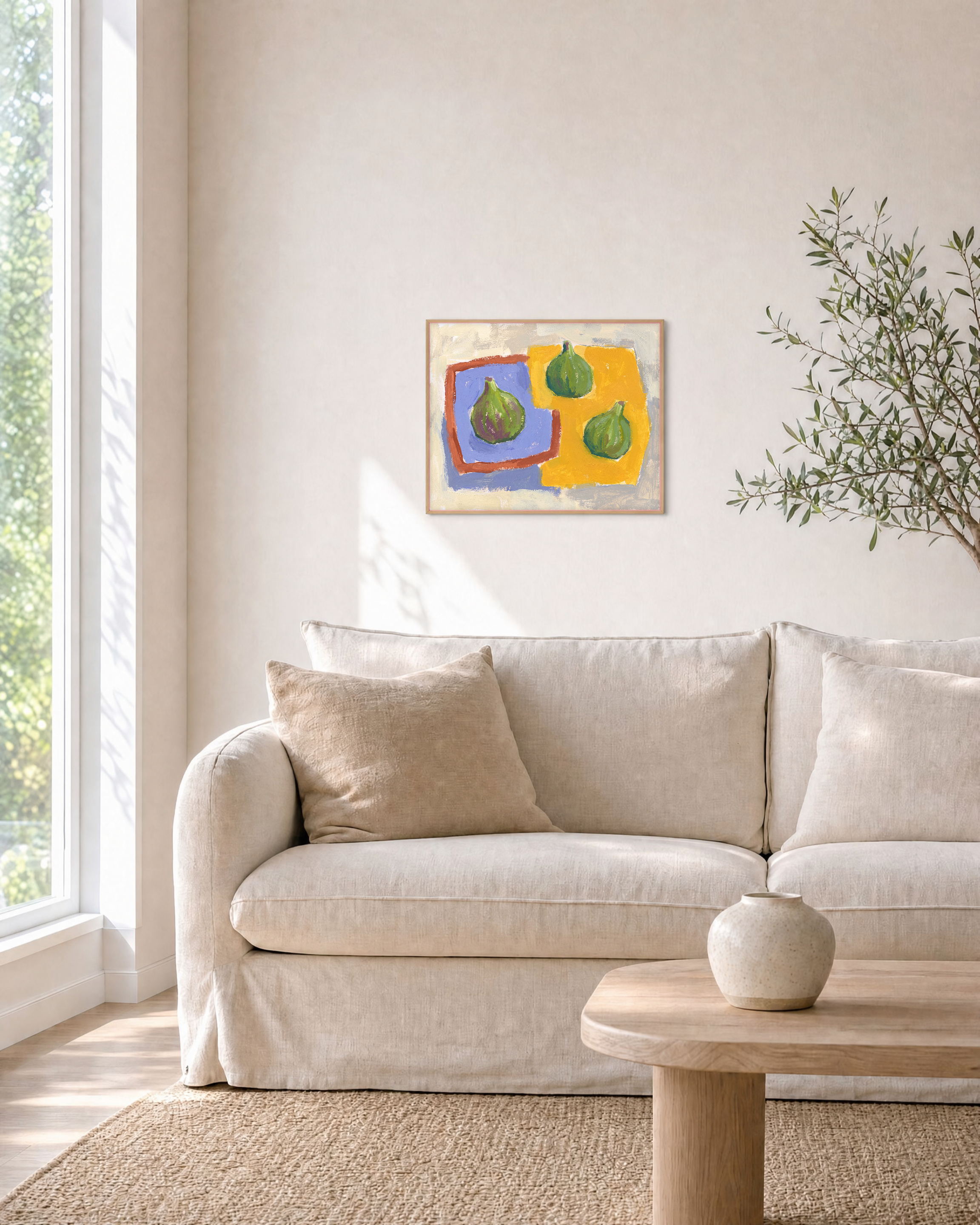 Three Figs unframed print is shown framed for styling in a living room; frame not included