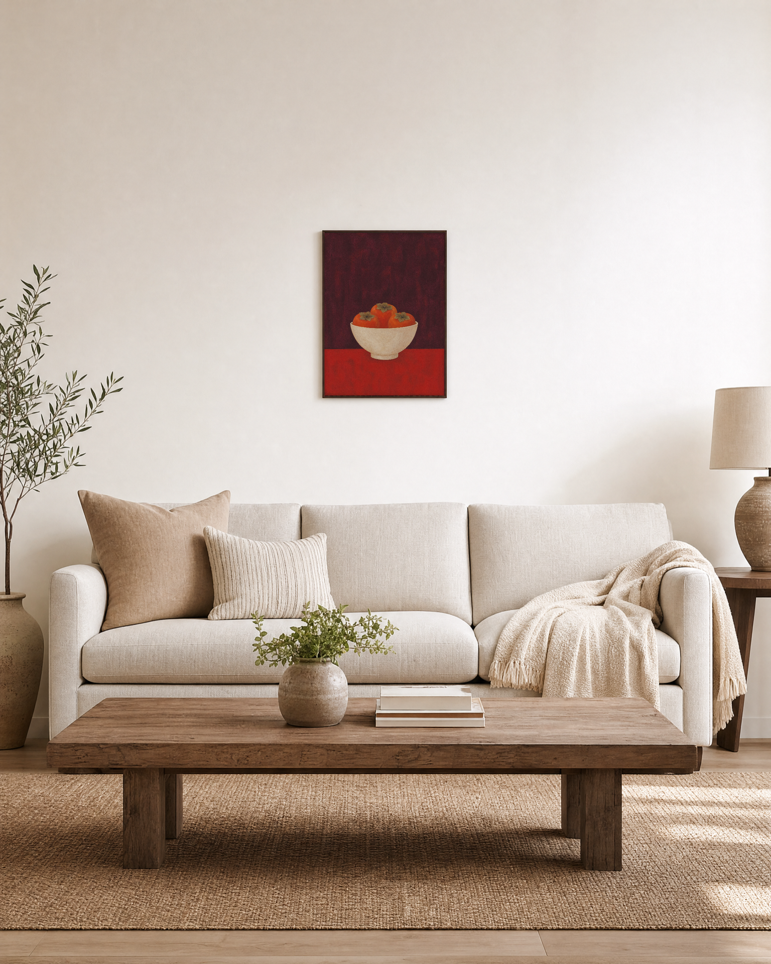 One Bowl Three Persimmons unframed print is shown framed for styling in a living room; frame not included