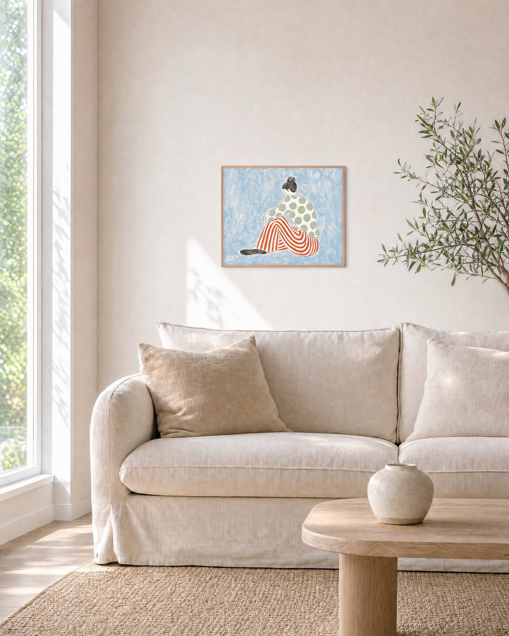Wide Step Press edition unframed print is shown framed for styling in a living room; Frame not included