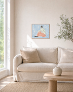 Wide Step Press edition unframed print is shown framed for styling in a living room; Frame not included