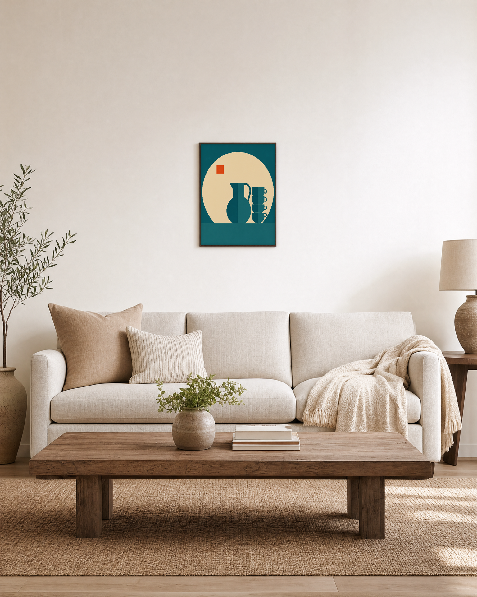 Bauhaus Grid Vessel Remap unframed print is shown framed for styling in a living room; frame not included