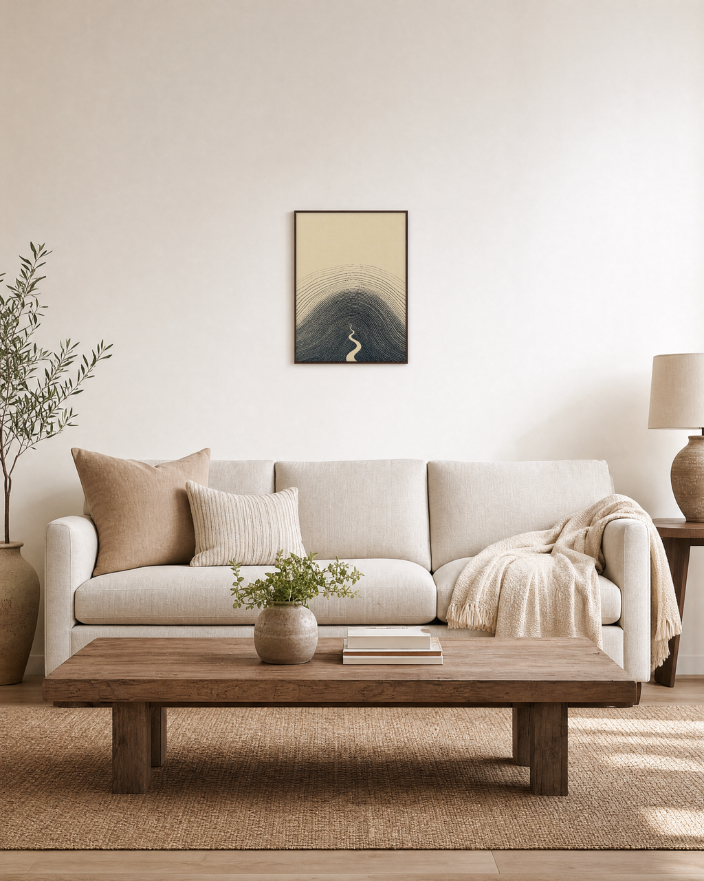 Charcoal Hill Rings unframed print is shown framed for styling in a living room; frame not included